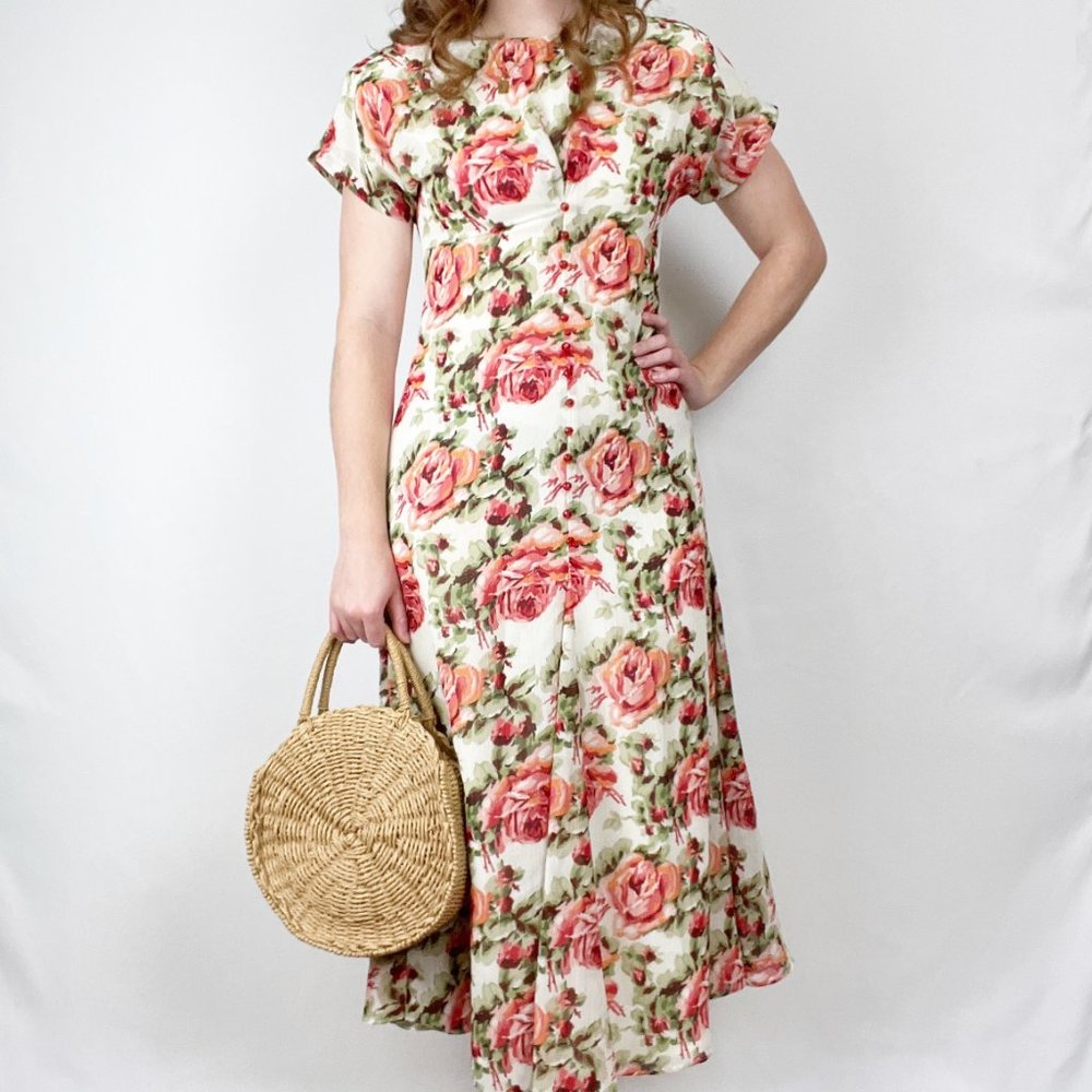 Vintage Floral Fit & Flare Pleated Button Up Midi Maxi Dress Spring Summer Sun - Picture 1 of 6